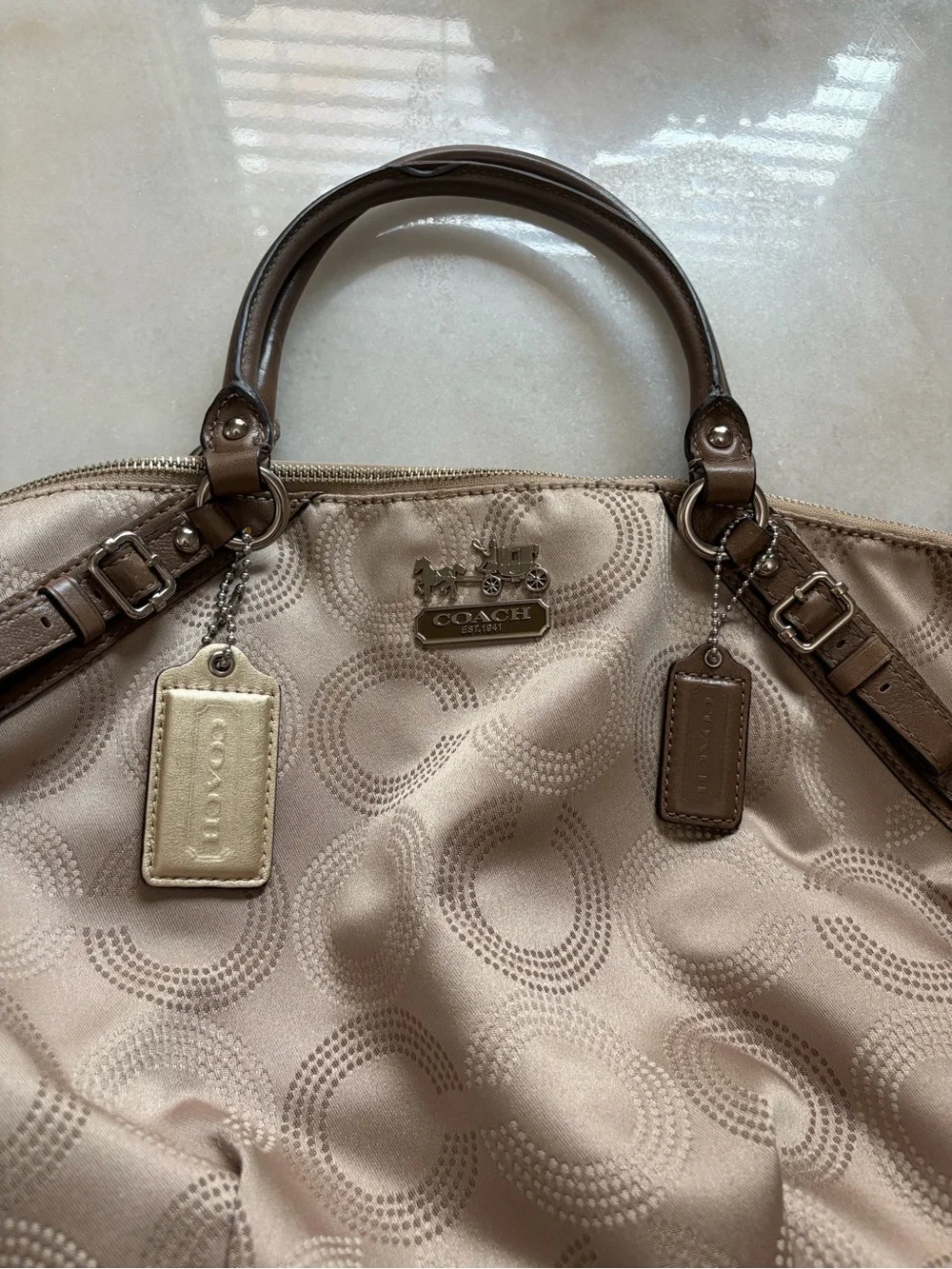 Coach Beige Signature Quilted Satchel with Brown Leather Trim